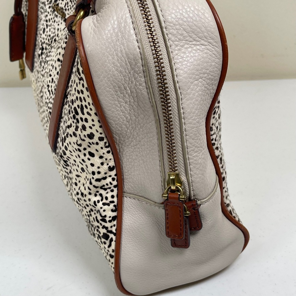 Fossil Memoir Satchel Leather Calf Hair Purse White Bone Spot Animal Print Boho‎ - Picture 3 of 15